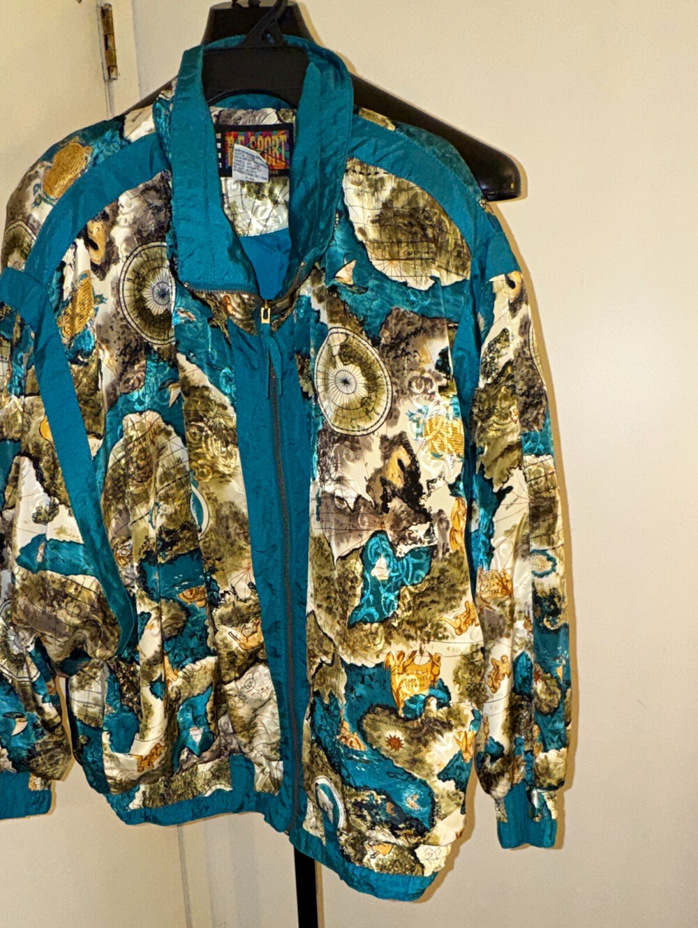 River Edge Teal Multicolor Map Print Full Zip Lined Windbreaker Size L